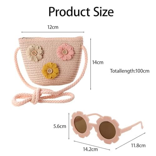 AWAVM Girls Crossbody Bag Set - Cute Toddler Handbag With Flower Sunglasses, Adjustable Braided Purse For Childen(Pink/Beige, 12x14cm) (Pink 3flower) — view 4