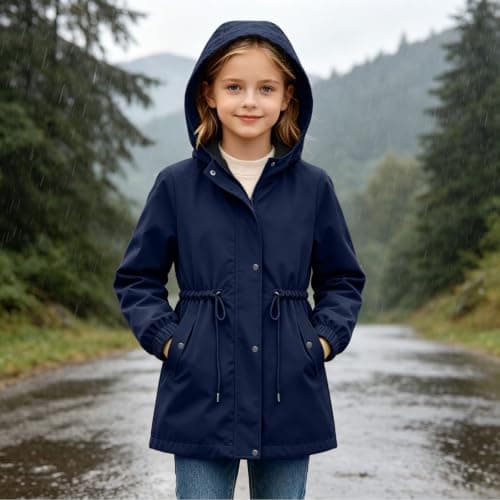 Navy Girls Waterproof Jacket Windproof Hooded Raincoat Outdoor 13 Years — view 3