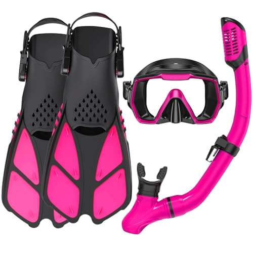 Adults Mask Snorkel Fins Set, Snorkeling Gear for Adult with Fins, Snorkel Sets with Flippers, Adult Anti Leak Scuba Gear with Adjustable Fins Diving Mask Full Dry Top Snorkel with Travel Bags