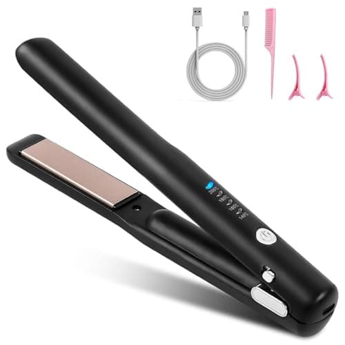 Cordless Hair Straighteners, 2 in 1 Mini Hair Straightener and Curler with 4 Temp Settings & Fast Heating, USB Rechargeable Travel Straighteners Mini Portable for Short to Long (Black)