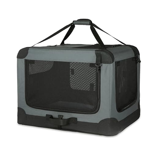 Amazon Basics 4-Doors Portable Soft-Sided Folding Travel Crate Kennel for cat, dog, and other small animals, Grey, L 91 cm x 61 cm x 61 cm