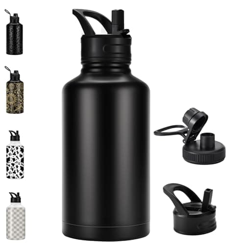 FOLAI Insulated 2 Litre Stainless Steel Water Bottle with Straw Lid and Flex,Adult Large Drinks Bottle,Large Gym Sports Metal Drinking Flask,for Outdoor, Hiking, Riding, and Gift Giving(Black)