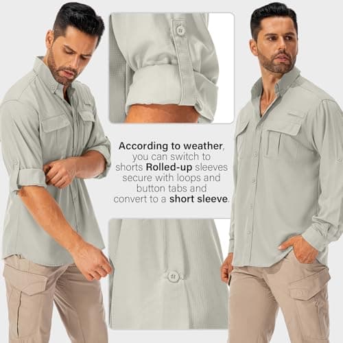 mosingle Men's Long Sleeve Hiking Shirt, Sun UV Protection Safari Fishing Outdoor Shirt Quick Drying Lightweight Walking Travel Shirts #5053-Light Khaki-M — view 5