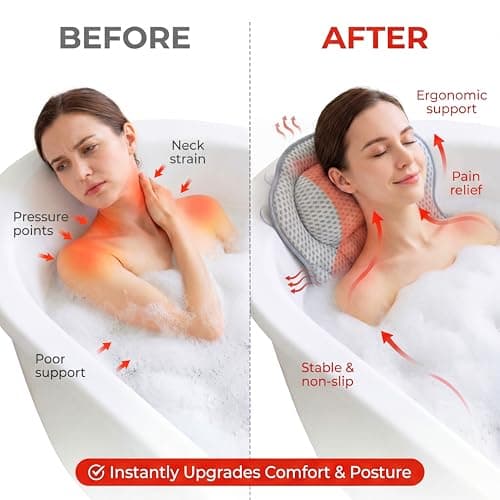 Bath Pillow LAVISMA Ergonomic Bathtub Cushion with 4D Breathable Mesh, Head, Neck, Shoulder & Back Support, 6 Strong Suction Cups, Quick Dry Spa Pillow for Bathtub Jacuzzi Hot Tub - Light Grey — view 2