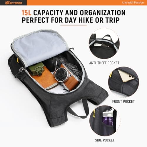 SKYSPER Small Daypack 15L Hiking Backpack Packable Lightweight Travel Compact Foldable Rucksack for Women Men(Black) — view 3