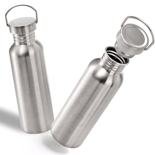 Yopay 2 Pack Stainless Steel Sports Water Bottles, 750ml / 26oz Single Walled 18/8 Stainless Steel Water Bottle with Handle, Uninsulate Metal Water Bottle for Cyclists, Runners, Hikers, Picnics