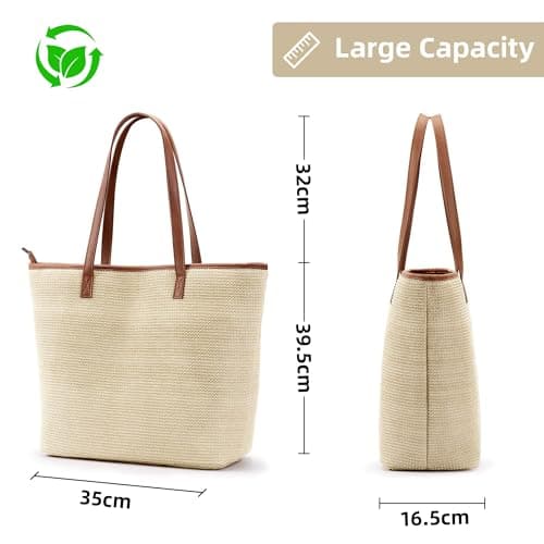 KALIDI Women Straw Tote Bag Summer Beach Woven Shoulder Handbag with Zip — view 5
