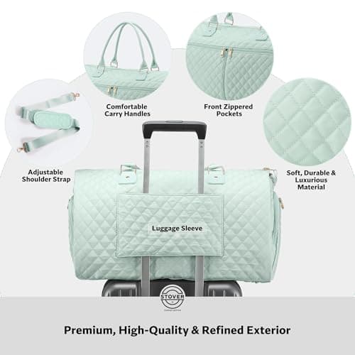 STOVER Women’s Convertible Garment Duffel Bag for Travel, 2-in-1 Carry-On Weekender Overnight Tote - Wrinkle-Free Dresses, Hanging Suits, Clothes + Shoe Compartment & Bonus Toiletry Bag, Coastal Mint — view 4
