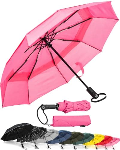 Ergonauts Windproof Vented Double Canopy Travel Umbrella – Teflon Coating, Ergonomic Handle & Protective Sleeve – Portable Compact Foldable Lightweight Design and High Wind Resistance (Pretty Pink)