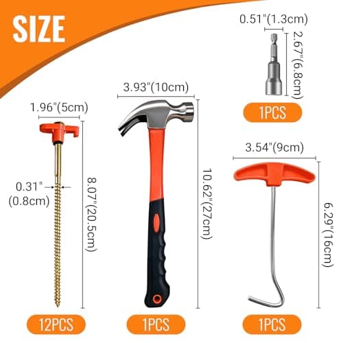 12 Pack Tent Pegs Metal Heavy Duty, Metal Tent Pegs with Thread and Camping Mallet, Includes Drill Adapter & Nail Puller, Ground Anchors for Camping Peg Heavy Duty for Hard Ground, with A T-Handle — view 2