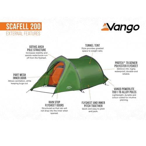 Vango Scafell 200 Tent Hiking Backpacking Wild Camping | DofE Recommended Kit | Waterproof, Easy Setup, Lightweight, Compact | Alloy Poles & 3000mm HH Material (2 Person) — view 5