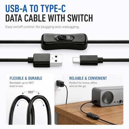 Flomiara USB A to USB C Cable with On Off Switch, Inline USB Type C Power Cable for LED Strip Lights, Webcam, Desk Fan & Power Bank, Short USB Switch Cord (30CM) — view 6