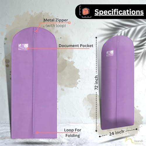 HOESH UK Women 60 & 72 Inches Breathable Bridesmaids Long Zip Wedding Dress Prom Gown Cover Garment Bags (Lilac, 24 x 72 inches) — view 5