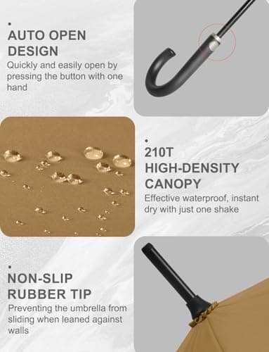RusuiQinsan Windproof Strong, Stick Umbrella, Large Rainproof Golf Umbrellas with wind resistant, J Hook Handle for Men & Women(Brown) — view 5