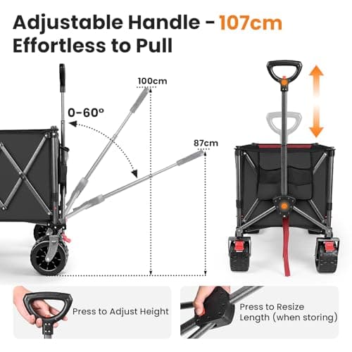 370L Festival Trolley on Wheels, Heavy Duty Folding Wagon, Portable Camping Cart Load up 550LB, Camping Trolley Foldable for Beach Outdoor Garden Shopping Fishing, Rear-Opening Design, Pure Black — view 6