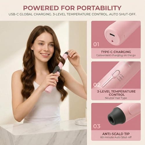 Mini Cordless Curling Wand - Rechargeable Travel Curling Iron with 3 Temperature Levels, Fast Heating & Ceramic Coating Perfect for Short & Medium Hair (Pink) — view 3