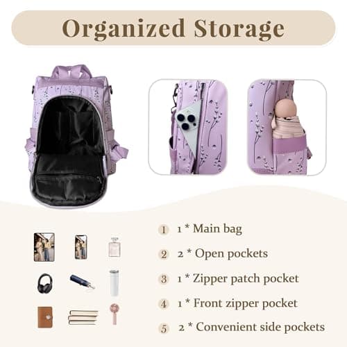 SODOLLEE Backpack Womens Anti Theft – Floral Small Rucksack Bag, Lightweight Water-Resistant Back Pack for Work, Travel & Holiday Lavender — view 3