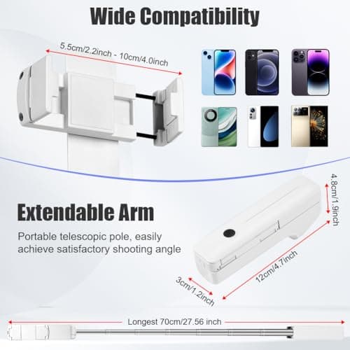 Adiwo Portable Pocket Selfie Stick, Extendable Mini Selfie Stick for 4-7" Phones, with Wireless Remote Control Button, Extends from 12-70cm, 109g Lightweight, for Live Streaming,Vlog,Content Creation — view 2