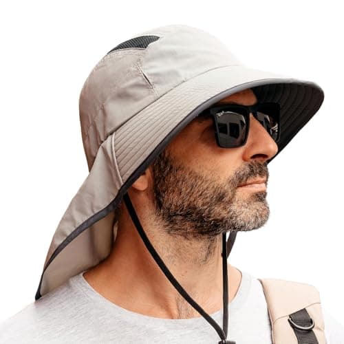 TOP-EX M/L/XL/XXL Unisex Mens Sun Hat with Neck Flap Sunglass Lock UPF 50 Wide Brim Outdoor Fishing Hats Hiking Safari Hat Waterproof & Packable Light Grey L/XL