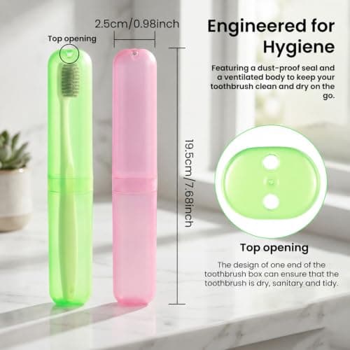2pcs Travel Toothbrush Case, Toothbrush Cover for Travel with Drain Hole, Matte Green Pink Toothbrush Case Storage Box for Travel Camping School Business — view 2