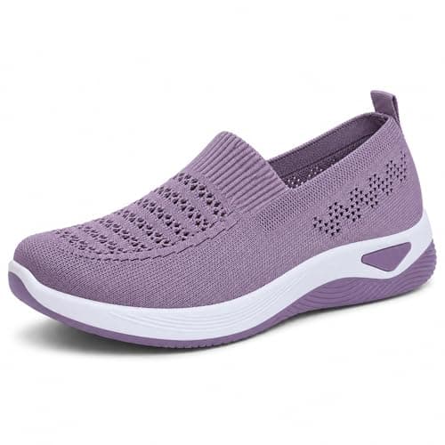Women’s Slip On Walking Shoes, Lightweight Breathable Knitted Casual Trainers, Laceless Pull On Comfort Trainers for Ladies, Everyday Walking, Work, Travel and Outdoor Wear Purple