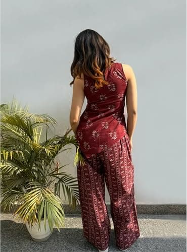 ONPEAK Women Printed Top and Bottom Set Casual Daily Wear Office Travel Stylish Outfit for Women, Maroon, L — view 6