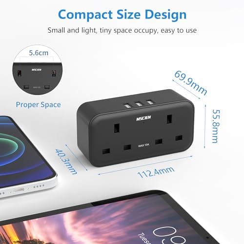 Double Plug Adaptor, Mscien Plug Adapter with 3 USB, 2 Way Plug Extension with Dual 2 Pin Socket at The Bottom, 13A UK Multiplug Extender, Wall Charger Power Socket for Home Kitchen Office, Black — view 6