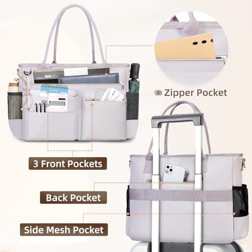 RAINSMORE Laptop Tote Bags for Women 15.6 inch Teacher Bag Large Nurse Utility Bag Computer Messenger Briefcase with Insulated Pocket for Work School Office Business University Grey Pink — view 5