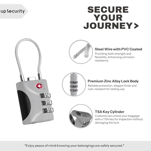 UP Security Travel Luggage Locks TSA Approved, Small Combination Padlock with Cable, Combo TSA Lock for Suitcase, Locker & Gym, Cabinet, Bag Zipper, Lock with Code for Travel Accessories (Silver) — view 4