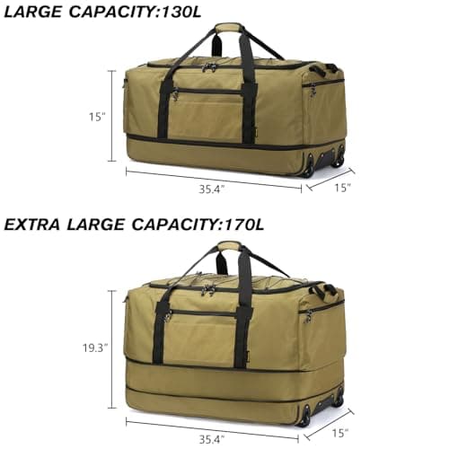 Laripwit Foldable Duffle Bag with Wheels 130-170L Expandable Giant Rolling Duffel Bag 36'' Extra Large Wheeled Holdall for Travel Heavy Duty Collapsible Soft Hand Luggage for Camping Storage, Brown — view 4