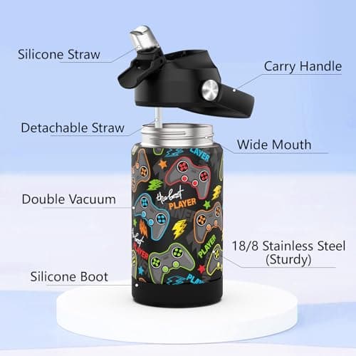 Ntswasd Boys Insulated Water Bottle with Straw,350 Ml Kids Cups with Stainless Steel Leak Proof for School Daycare(Game) — view 4