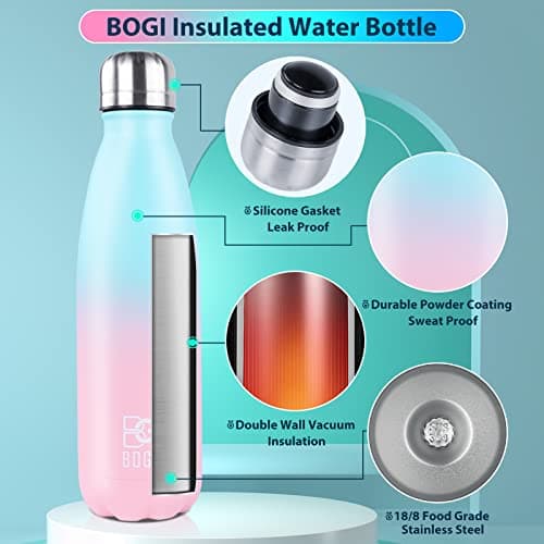 BOGI 2 Pack Insulated Stainless Steel Water Bottle - Leakproof, Keeps Drink Hot & Cold - Sport Bottle for Girls & Boys with Cleaning Brush — view 3