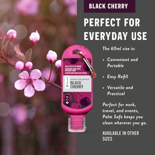 Palm Safe Black Cherry 3 Pack 60ml Anti Bacterial Premium Hand Sanitiser Travel Size Refillable Clip Bottle Quick Drying Non Sticky Extra Moisturising Kills 99.9% of Viruses and Bacteria — view 4