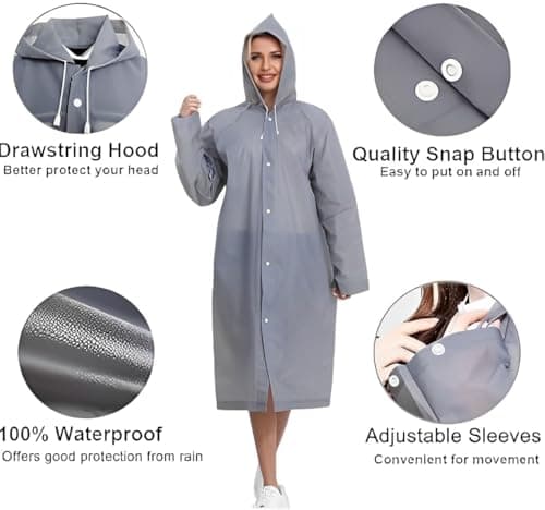 Rain Poncho for Adults, 2 Pieces Reusable Waterproof with Hoods and Sleeves — view 3