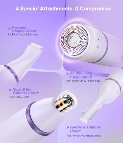 Facial Hair Remover for Women,4-in-1 Bikini Trimmer Women,USB C Mini Lady Shavers with 4-Level Battery Indicator (25%, 50%, 75%, 100%) Eyebrow Razor,Nose Trimmer,for Face Nose/Ear Body,Purple — view 2
