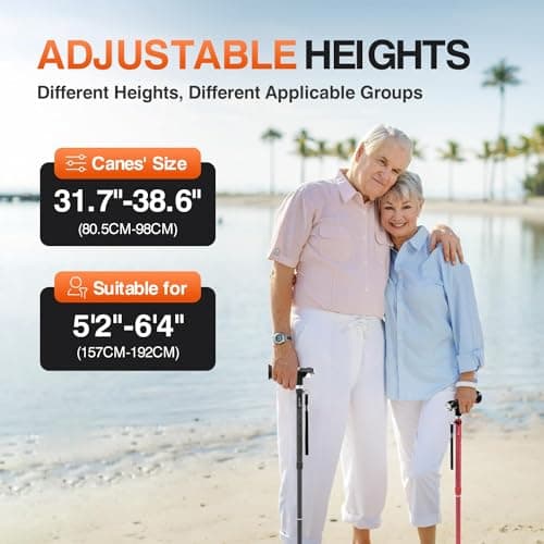 BeneCane Walking Cane for Women Folding Cane for Men with Two Led Lights Quad Cane with Stable Base Lightweight and Adjustable Walking Stick (Black) — view 4