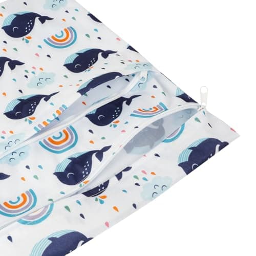 Vicloon Wet Bag, 2 PCS Baby Cloth Nappy Wet Bags, Nappy Bags with Double Zipper Pockets, Waterproof Reusable Washable Cloth Diaper Bags for Babies Swimming Camping Travel Gym Beach - Whale — view 6