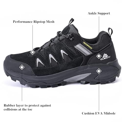 Queday Mens Womens Leather Waterproof Black Hiking Shoes Lightweight Outdoor Walking Shoes Breathable Suede Hike Trekking Trails Camping Climbing Size 43 — view 2