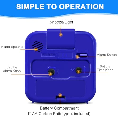 FONIVA Alarm Clock, Non Ticking Silent Alarm Clocks Bedside, Night Light Snooze Battery Powered Portable Clock, Loud Alarm Small Travel Clock Table Clock for Heavy Sleepers Bedrooms Office (Blue) — view 5