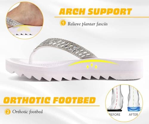 KuaiLu Womens Orthotic Flip Flops with Arch Support Yoga Mat Cushion Fashion Rhinestone Sandals Summer Walking Beach Travel Thong Slides Comfy Plantar Fasciitis Outdoor Sandle Silver White 5 — view 3