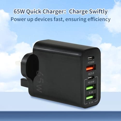 USB Plug Charger, 65W 5-Port Multi Charging Power Adapter with PD 20W Power Adapter QC 3.0 Fast Charging Plug for iPhone Samsung Galaxy, Huawei, Tablet (Black) — view 2