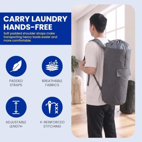 THRYZZLE Backpack Laundry Bag - 115L Large Heavy Duty travel Laundry Bag, Dirty Clothes Bag with Shoulder Straps, Hanging Laundry Hamper with Drawstring Closure for College Dorm, Apartment (Gray) — view 6