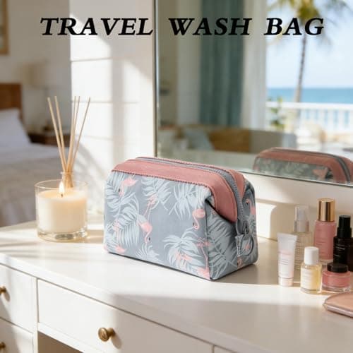 Large Makeup Bag,Flamingo Toilet Bags for Women,Wash Bag Women,Travel Wash Bags,Skincare Bages,Waterproof Polyester Cotton Makeup Bages,Portable Travel Toiletry Wash Bagi,for Skincare&Accessories. — view 2