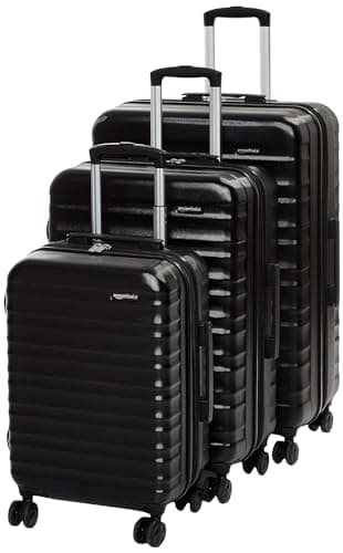 Amazon Basics Hard Shell Luggage Set (Small + Medium + Large) - Expandable ABS Travel Luggage with 4 Double Spinner Wheels - Scratch Resistant and Lightweight Construction - Black