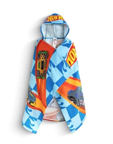 Hot Wheels Race Track Boys Blue Poncho Towel | Hooded Beachwear with Multi-Car Graphics & Checkered Pattern | Poolside Cover-Up | After-Bath Towel for Kids Merch