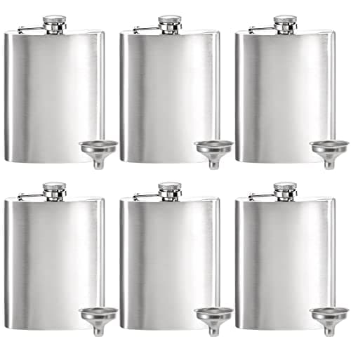 Tebery 6 Pack 8oz Hip Flask with Funnel, Stainless Steel Whiskey Flask, Leakproof, Portable, Silver