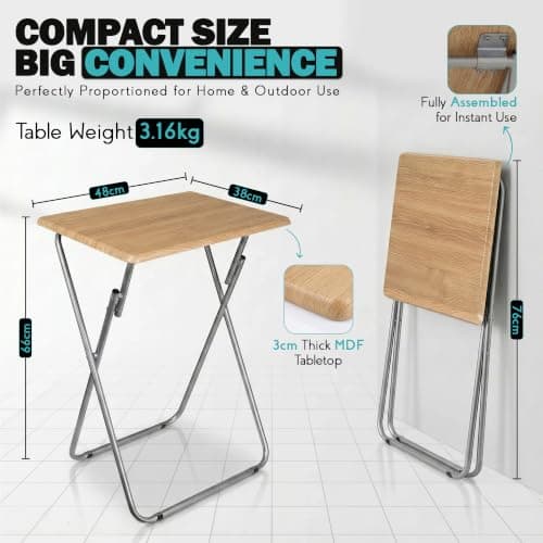 SG Traders Side Folding Coffee Table, Small TV Snack Tray for Eating, Sofa Laptop Desk, Outdoor Foldable Camping Tables, Natural Wood Colour, L48 x W38 x H66 CM — view 2