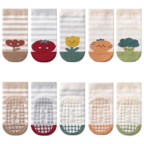 FedMois 5 Pairs Baby Kids Anti-slip Socks Cotton non skid Ankle Socks Animals, Fruit, 1-3 years