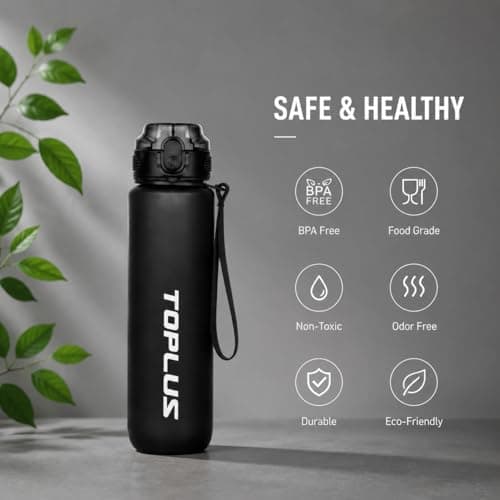 TOPLUS Sports Water Bottle 1L BPA-Free Tritan, Leakproof, Black — view 6