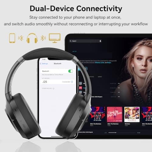 Monodeal Hybrid Active Noise Cancelling Headphones with 5 ENC Mic,Headphones Wireless 200H Playtime,Bluetooth Headphones 6.0 for Travel Workout,black — view 6